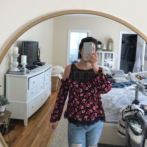 Red and pink floral and lace shirt